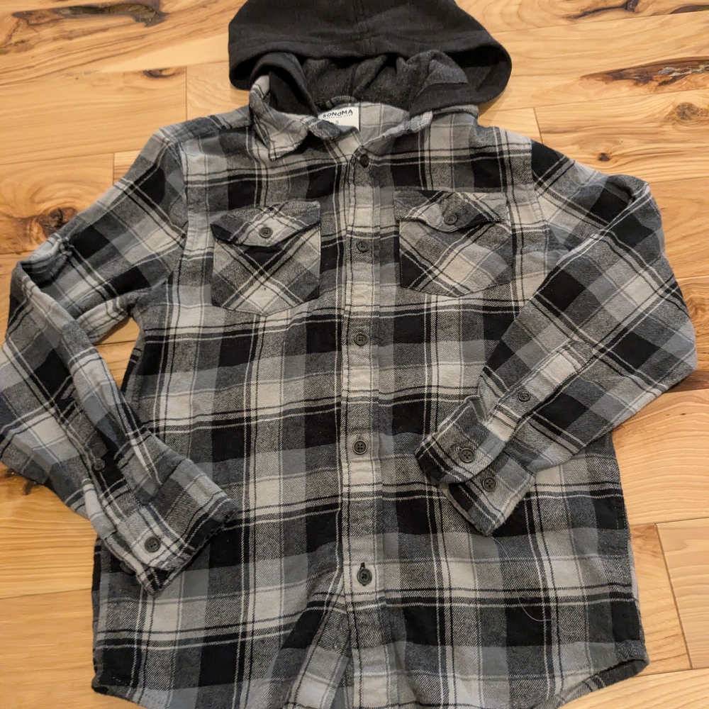 Plaid Black and Gray Boy's Shirt with Hood